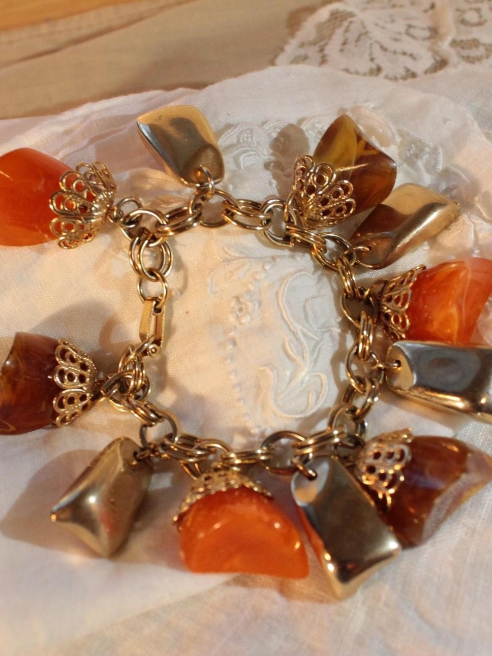 Gold Charm Bracelet with Orange And Brown Drops